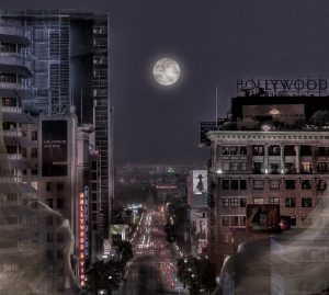 A full moon over Hollywood and Vine in Los Angeles.